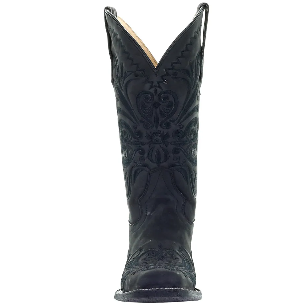 All Black Tooled-Inlay Square Toe Cowboy Boots