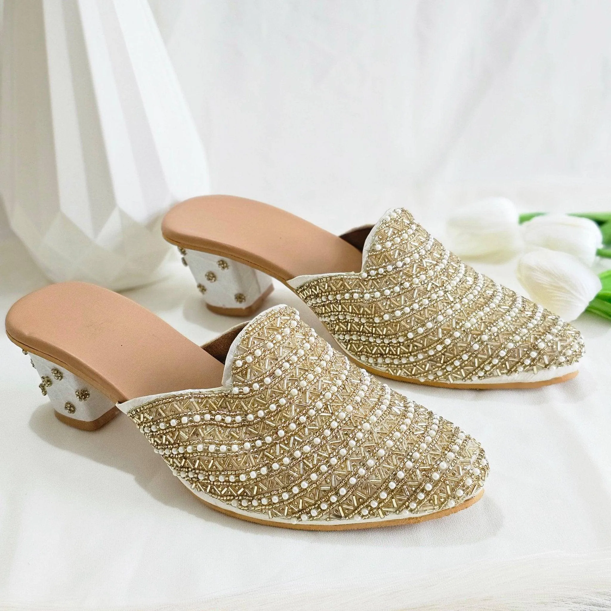 Aurora - Women's Golden Beige Bridal Bridal Heel Mules
