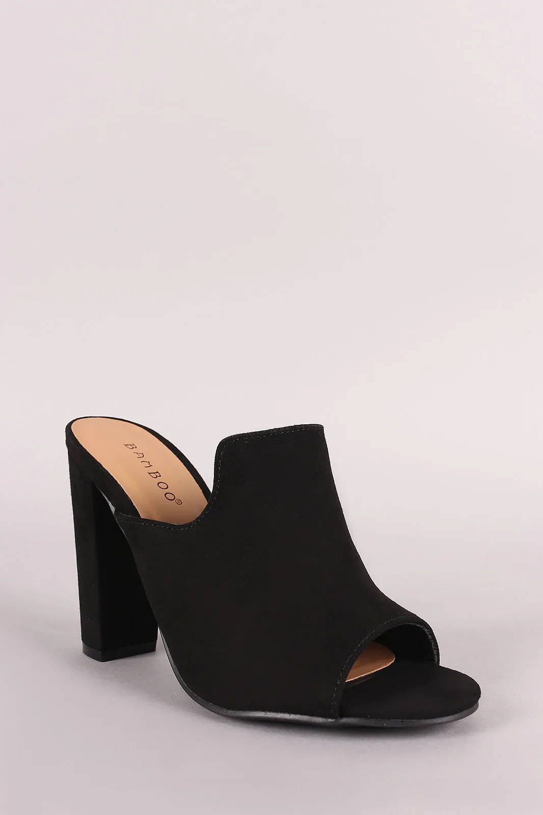 Bamboo Suede Peep Toe Mule Chunky Heel