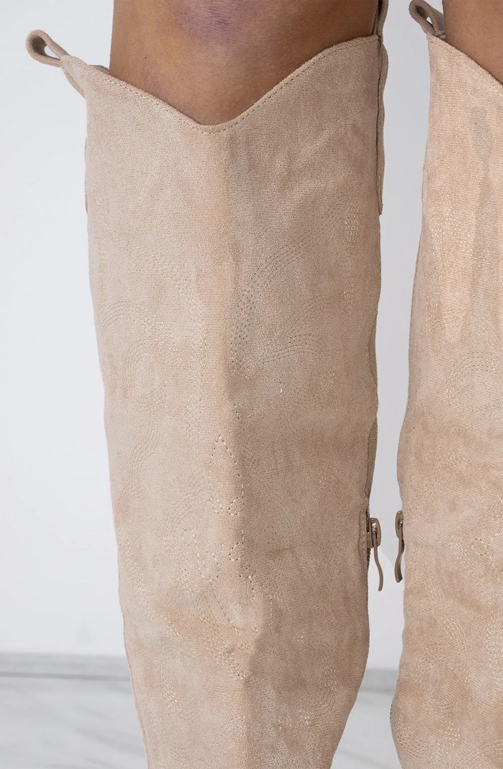 Beige Knee High Embroidery Faux Suede Cowboy Boot