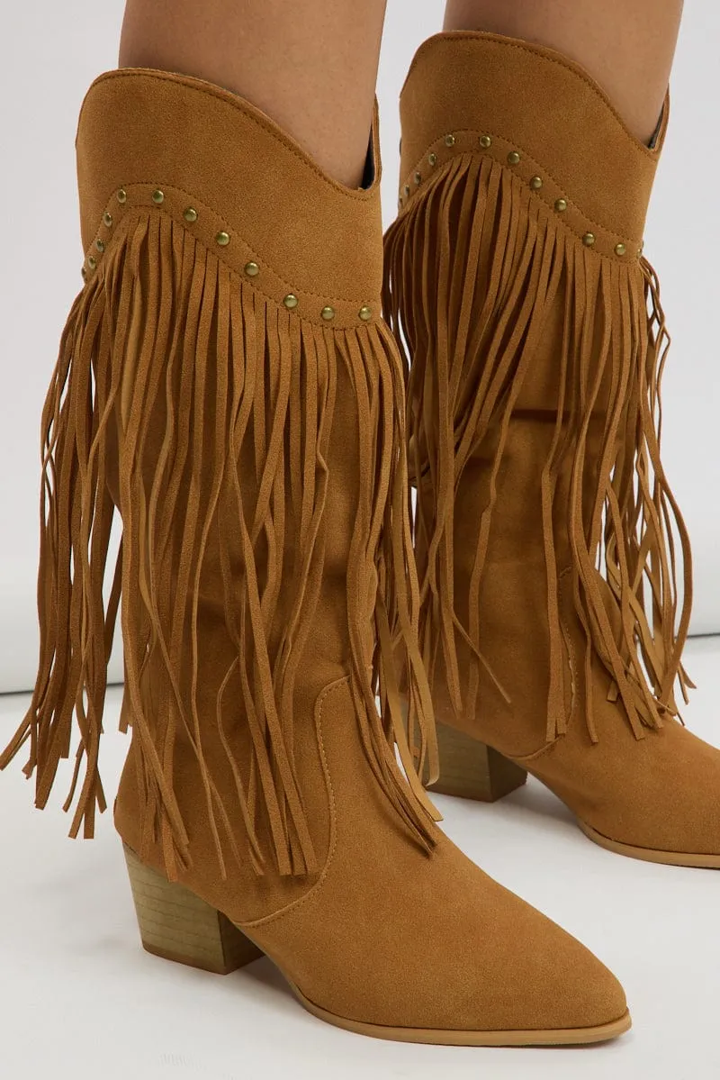 Beige Tassel Cowboy Boots