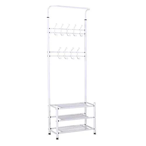 Berry Ave 3-Tier Coat Shoe Rack (White) Front Door Entryway Shelf and Closet Bedroom Organizer | Wide, Heavy-Duty Metal Storage Shelving Bench | Classic Home Decor