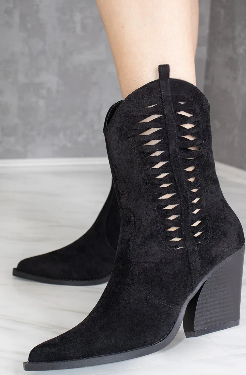 Black Woven Cut Out Cowboy Boot