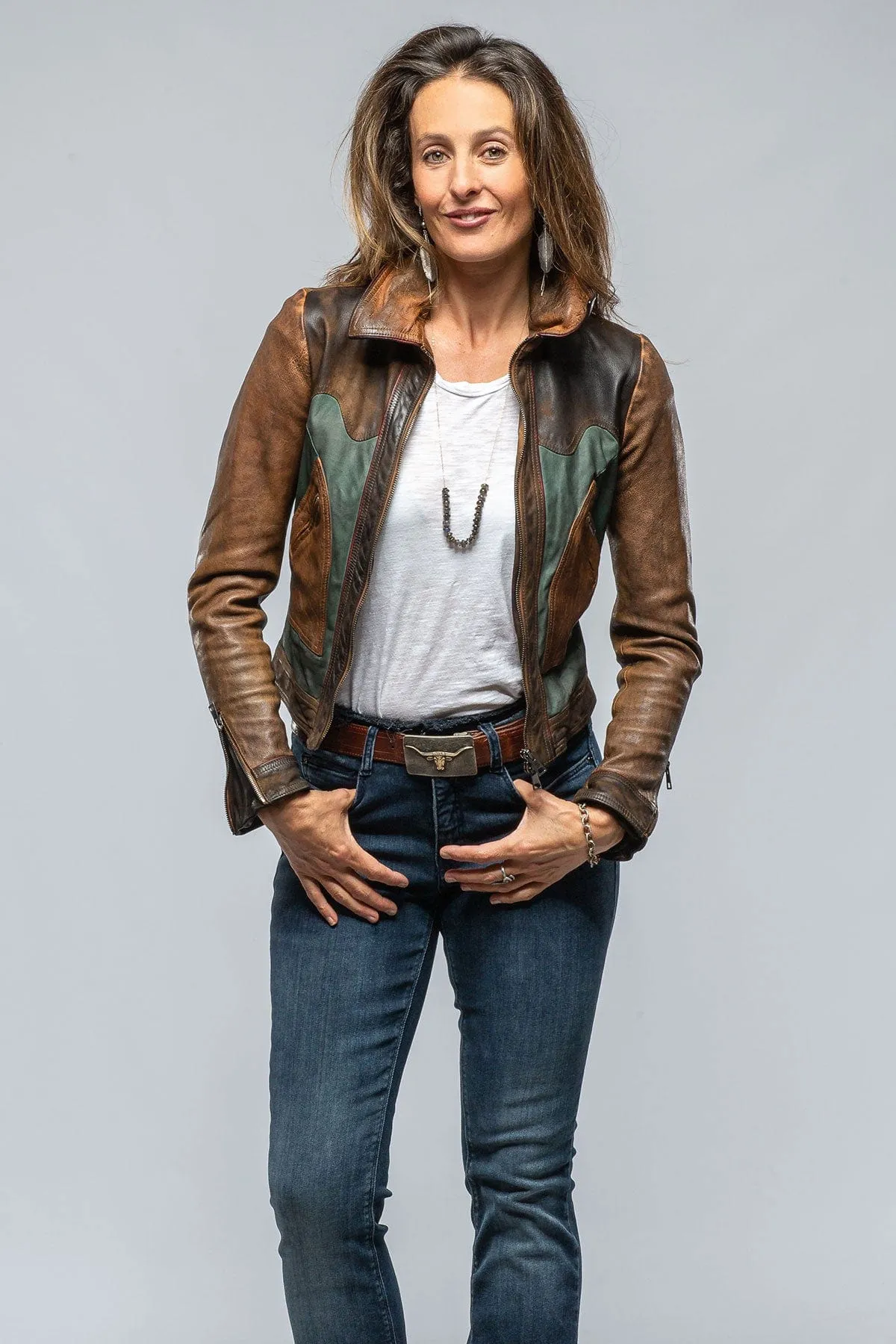 Cami Vintage Jkt In Cognac, Brown, & Teal