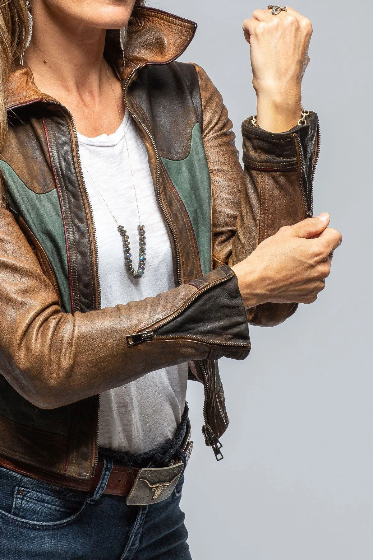 Cami Vintage Jkt In Cognac, Brown, & Teal
