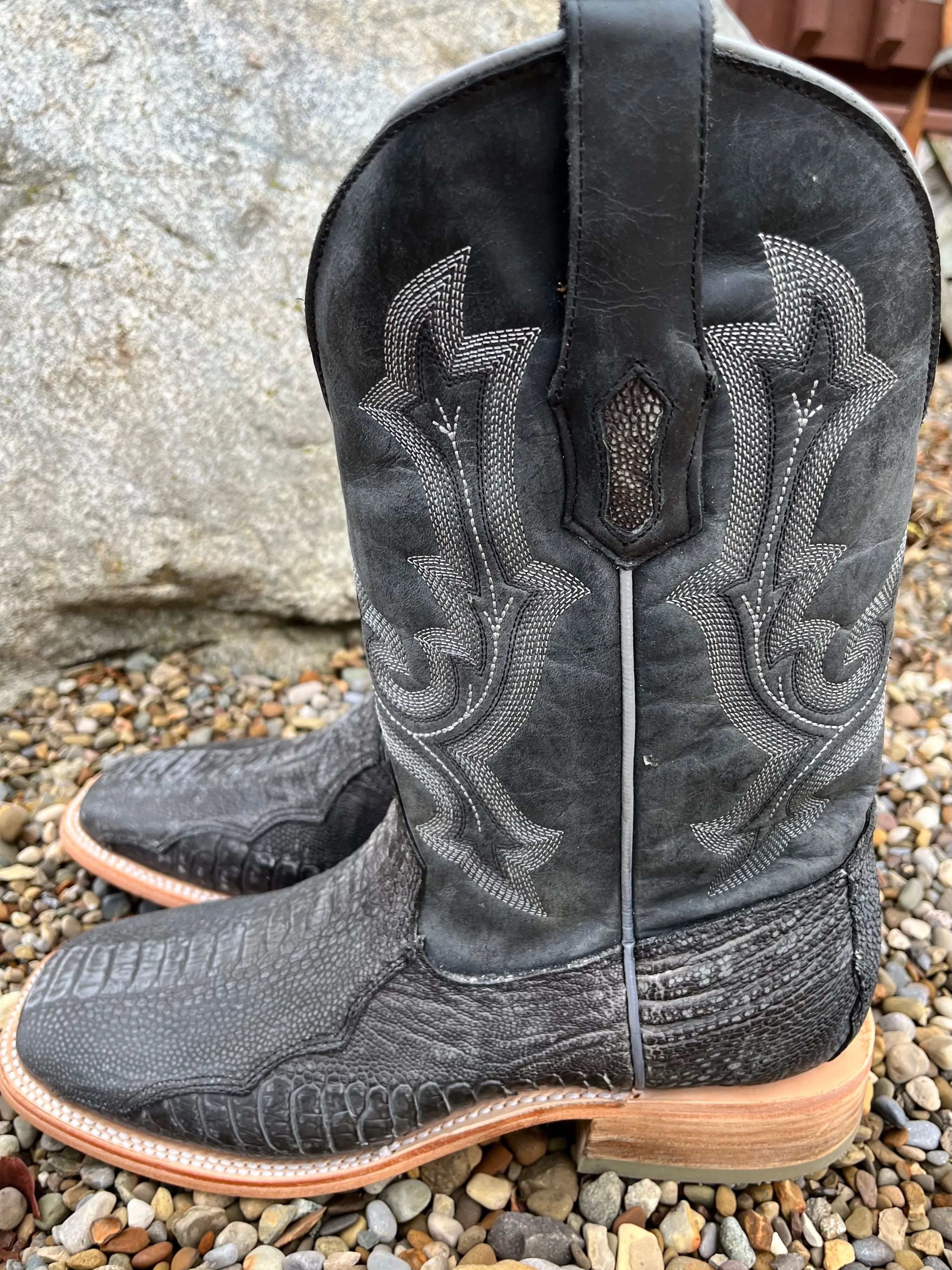 Corral Men's Black Ostrich Leg Wide Square Toe Cowboy Boots A4291