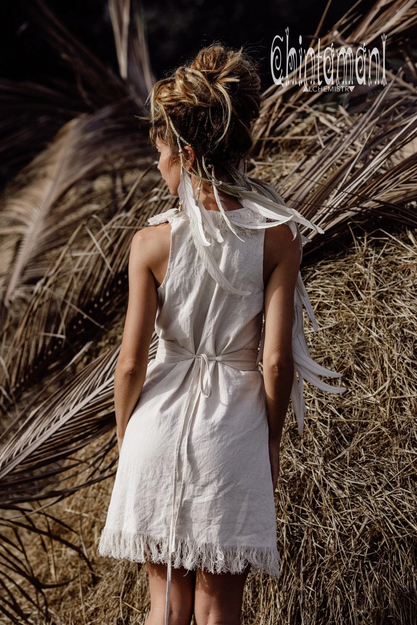 Deep V Fringe Mini Dress / Off White