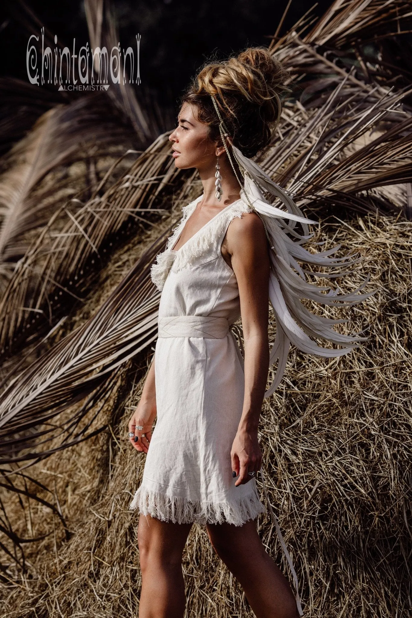 Deep V Fringe Mini Dress / Off White