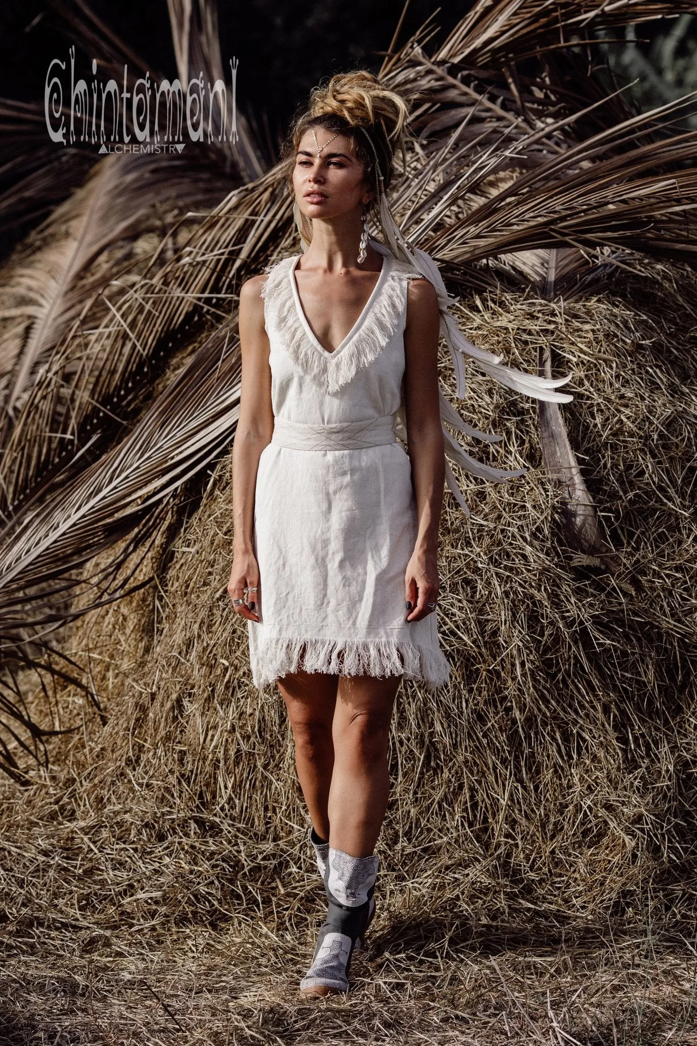 Deep V Fringe Mini Dress / Off White