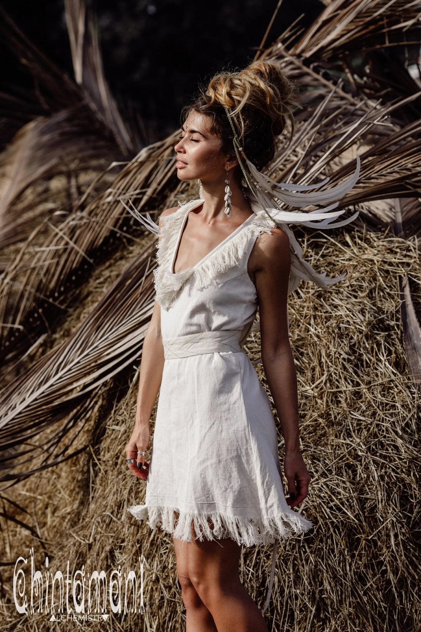 Deep V Fringe Mini Dress / Off White