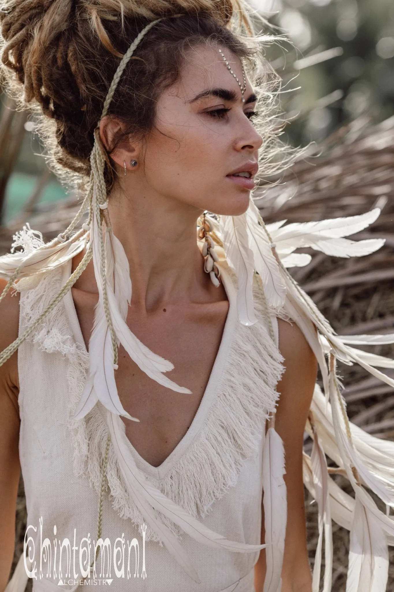Deep V Fringe Mini Dress / Off White