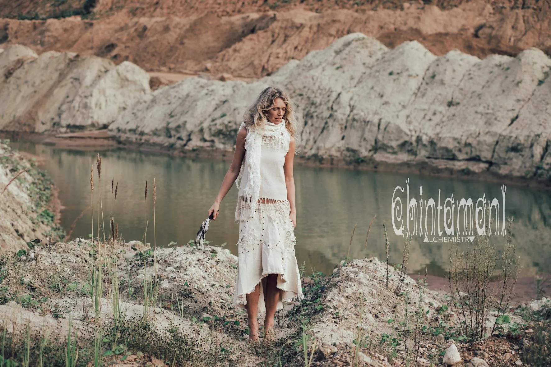 Denim Jeans Skirt / Bleached, Ripped, Stonewashed Denim / Off White