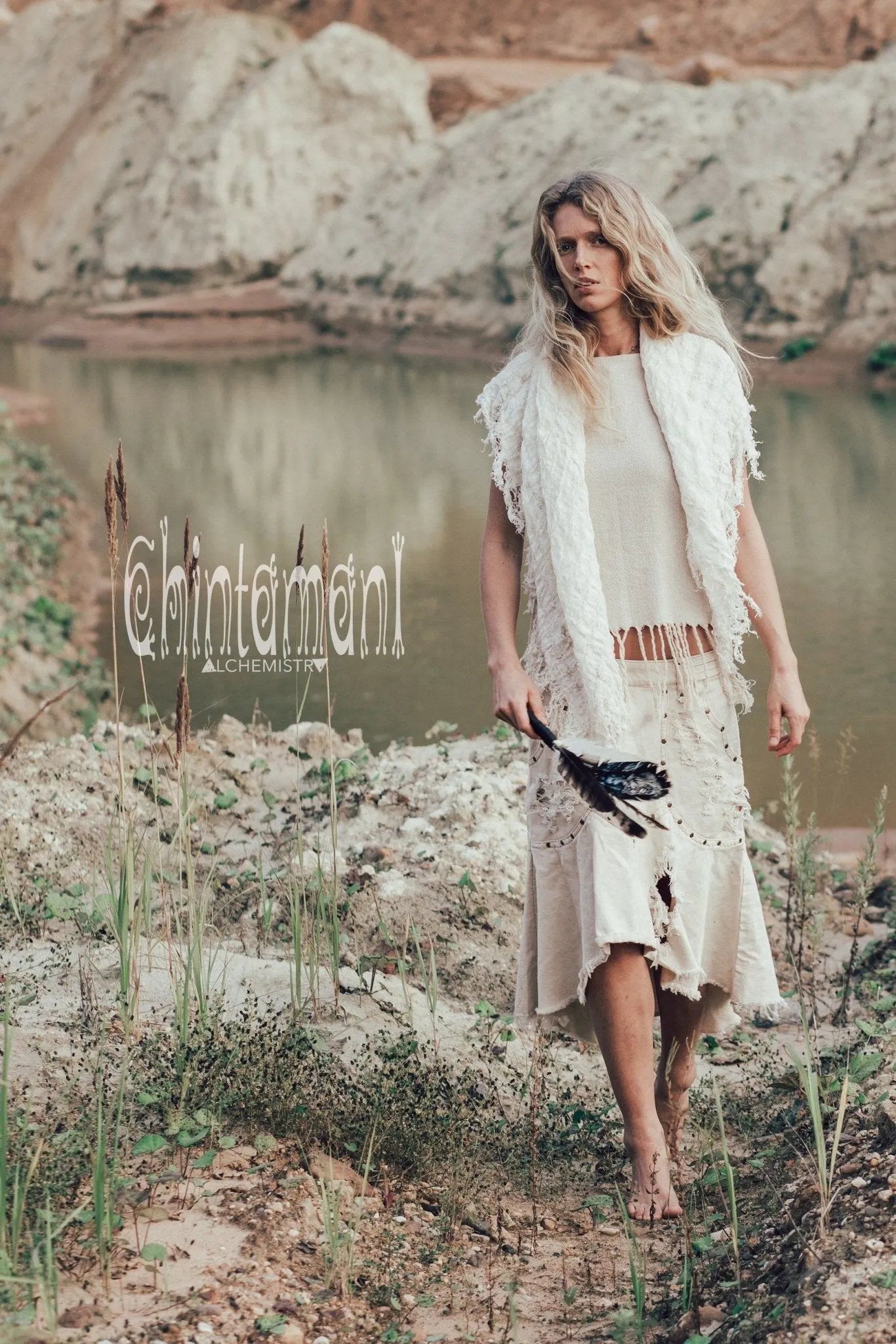 Denim Jeans Skirt / Bleached, Ripped, Stonewashed Denim / Off White