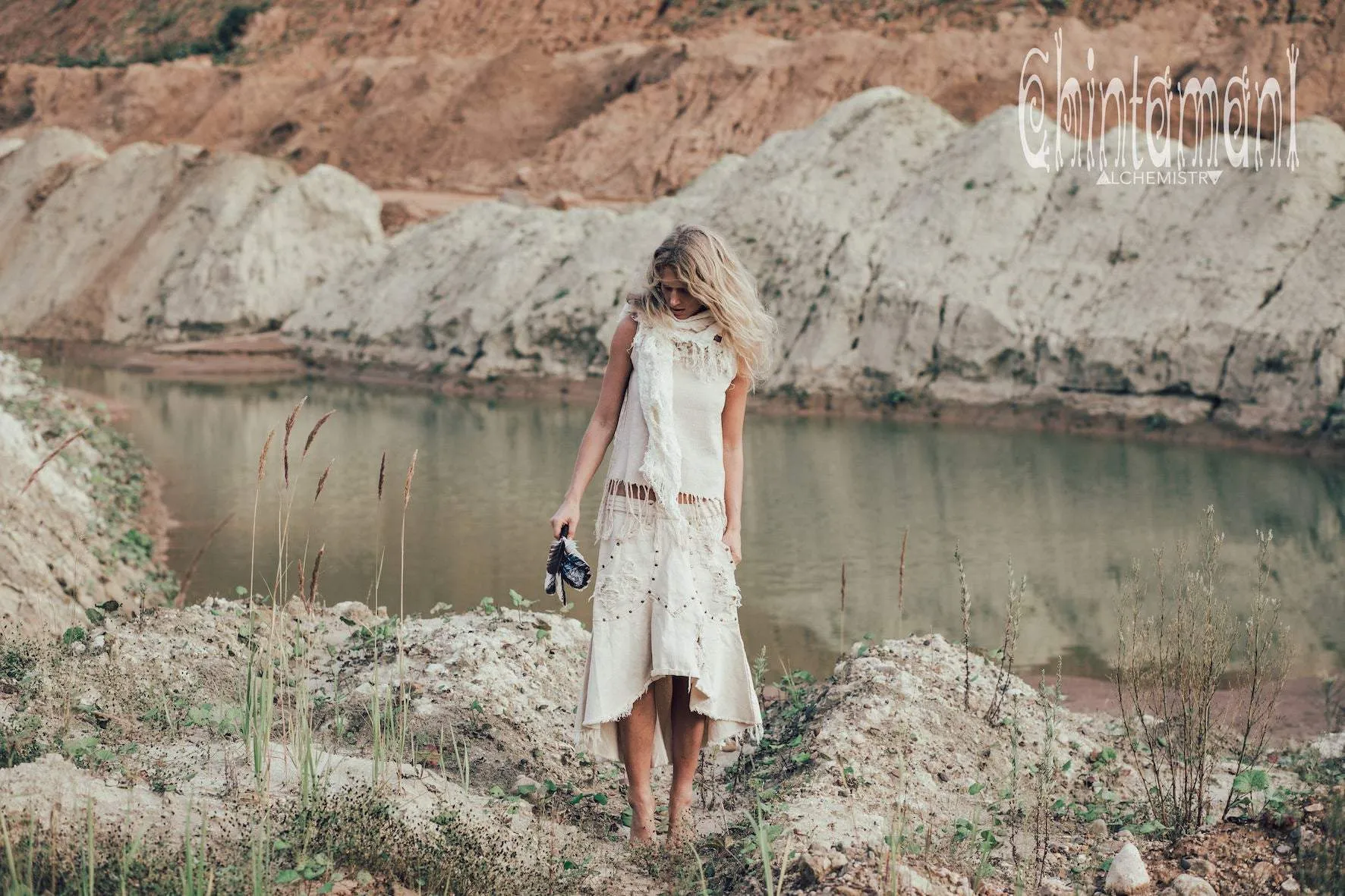 Denim Jeans Skirt / Bleached, Ripped, Stonewashed Denim / Off White