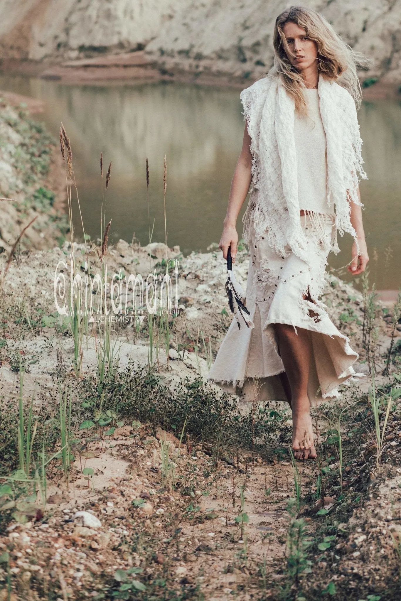 Denim Jeans Skirt / Bleached, Ripped, Stonewashed Denim / Off White