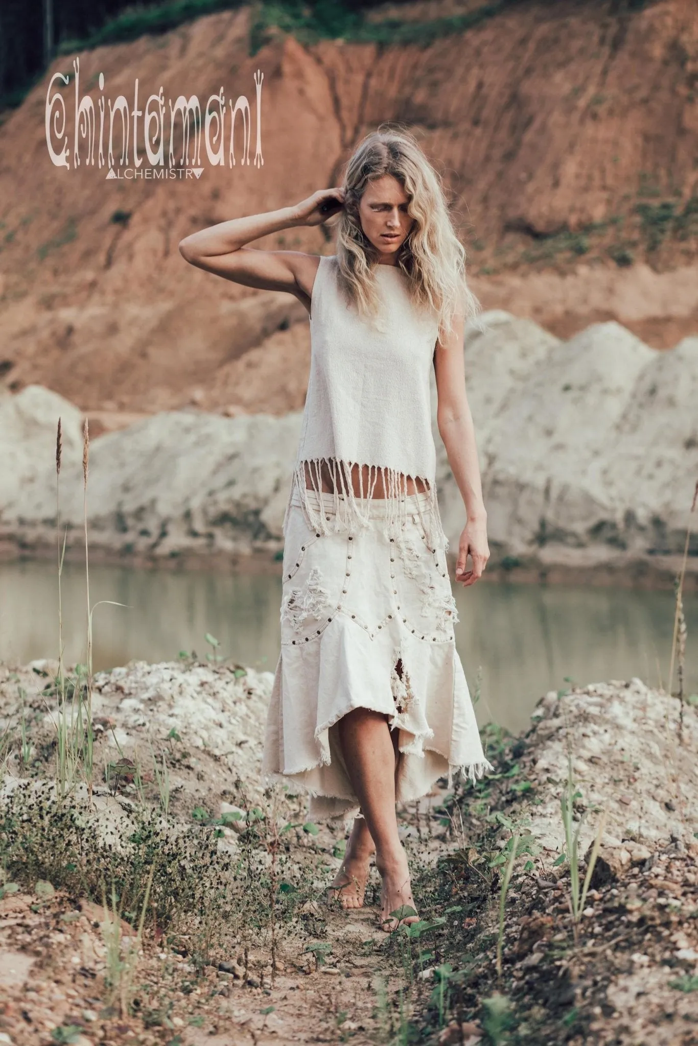 Denim Jeans Skirt / Bleached, Ripped, Stonewashed Denim / Off White