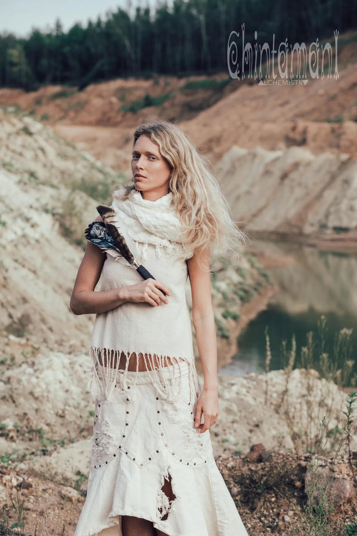 Denim Jeans Skirt / Bleached, Ripped, Stonewashed Denim / Off White
