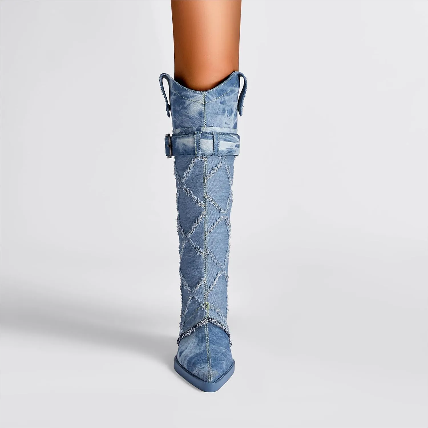 Diamond Textured Blue Denim Knee High Cowboy Boots