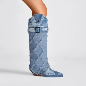 Diamond Textured Blue Denim Knee High Cowboy Boots