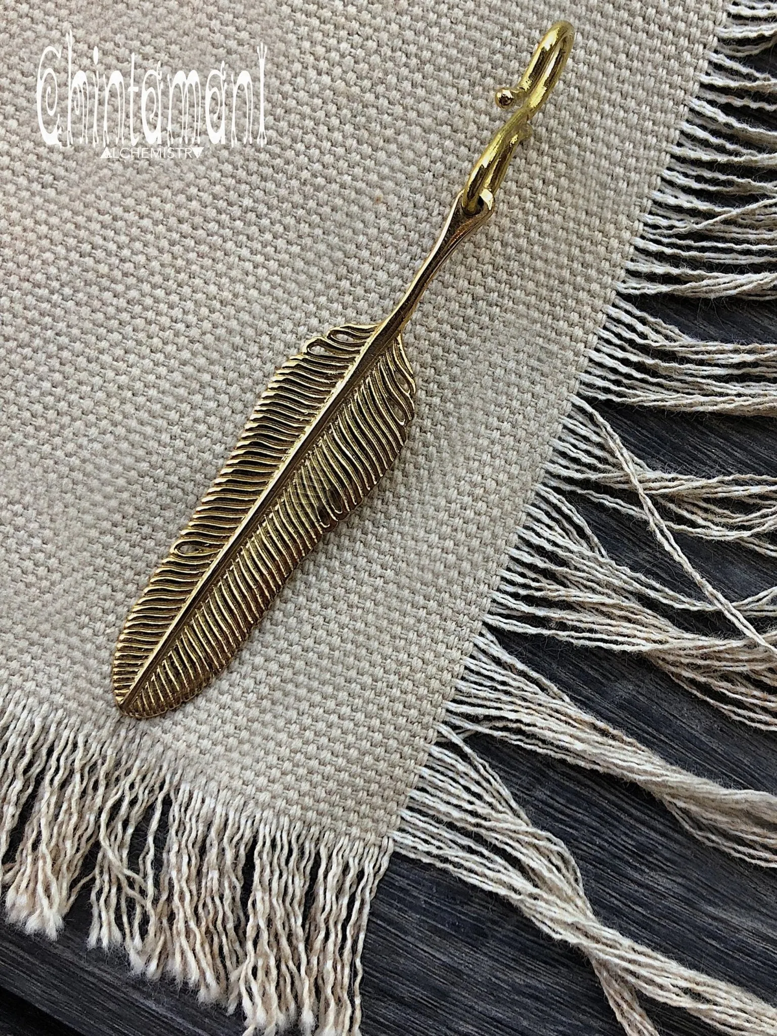 Extra Brass Feather Pendant by Chintamani - Eagle Feather Charm