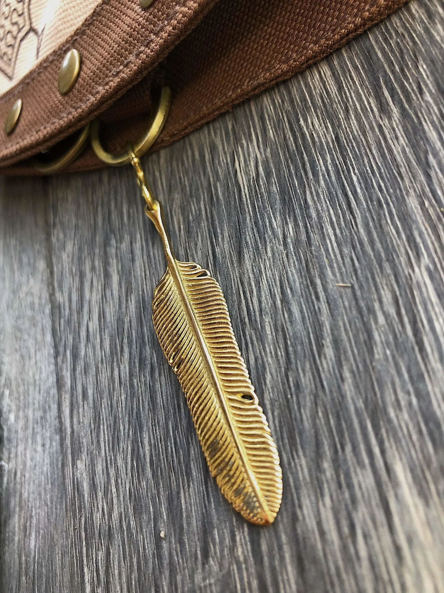 Extra Brass Feather Pendant by Chintamani - Eagle Feather Charm