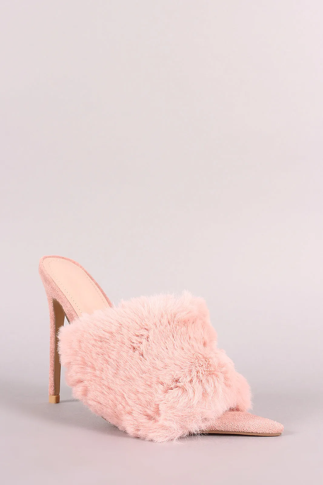 Faux Fur Band Pointed Open Toe Stiletto Mules