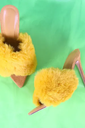 Faux Fur Band Pointed Open Toe Stiletto Mules