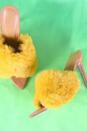 Faux Fur Band Pointed Open Toe Stiletto Mules