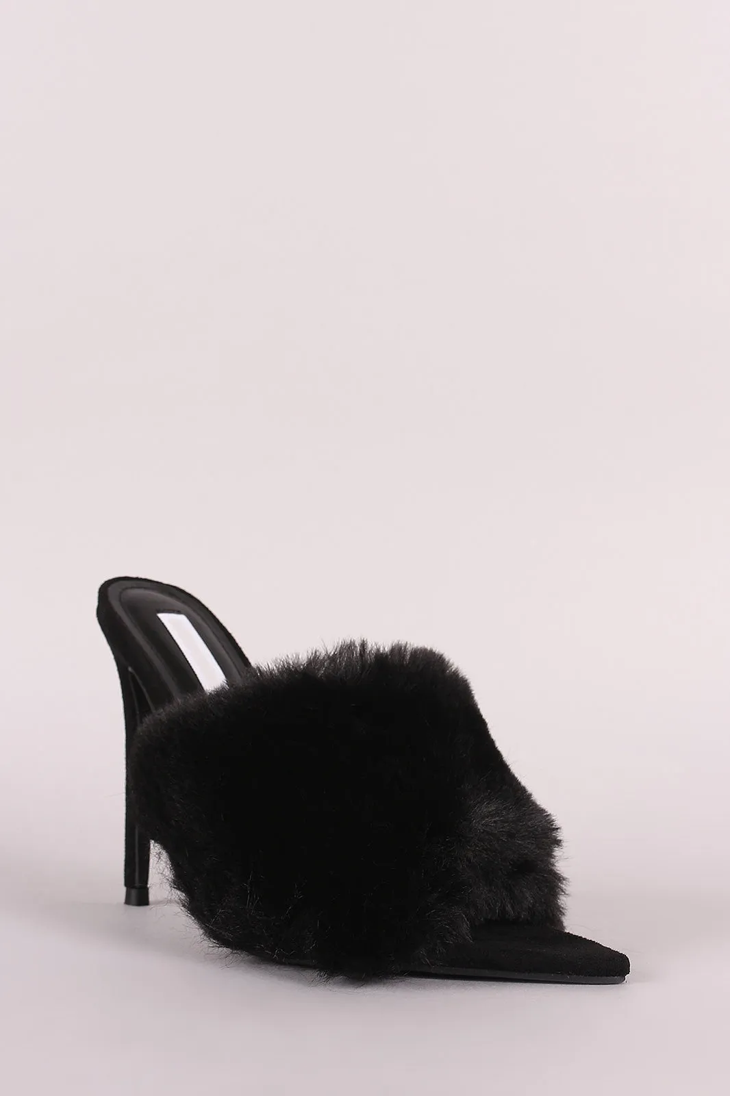 Faux Fur Band Pointed Open Toe Stiletto Mules