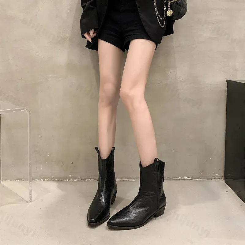 Hnzxzm New 2024 Autumn Winter Women Western Cowboy Short Boots Retro Style Western Knight Booties Pointed Toe Square Heels Female Shoes