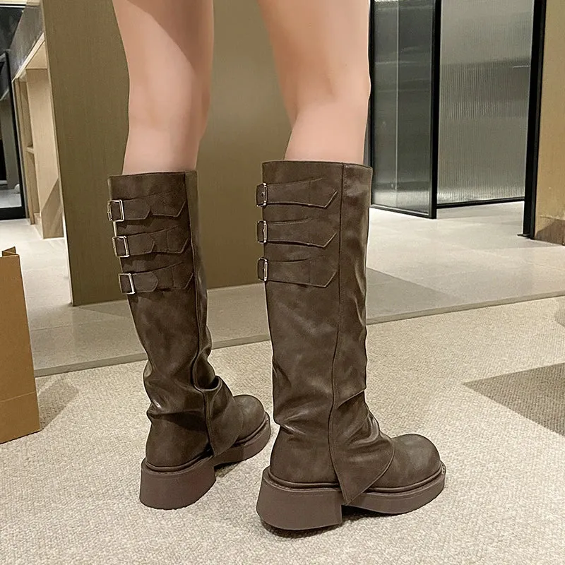 Hnzxzm Platform Thick Heel Women Western Cowboy Boots Fashion Slip on Knight Long Booties Autumn Winter Female New Shoes