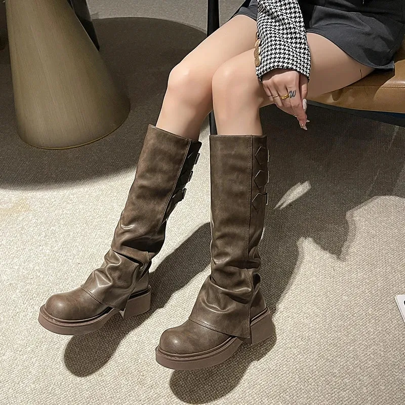 Hnzxzm Platform Thick Heel Women Western Cowboy Boots Fashion Slip on Knight Long Booties Autumn Winter Female New Shoes