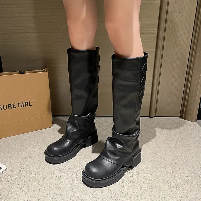 Hnzxzm Platform Thick Heel Women Western Cowboy Boots Fashion Slip on Knight Long Booties Autumn Winter Female New Shoes