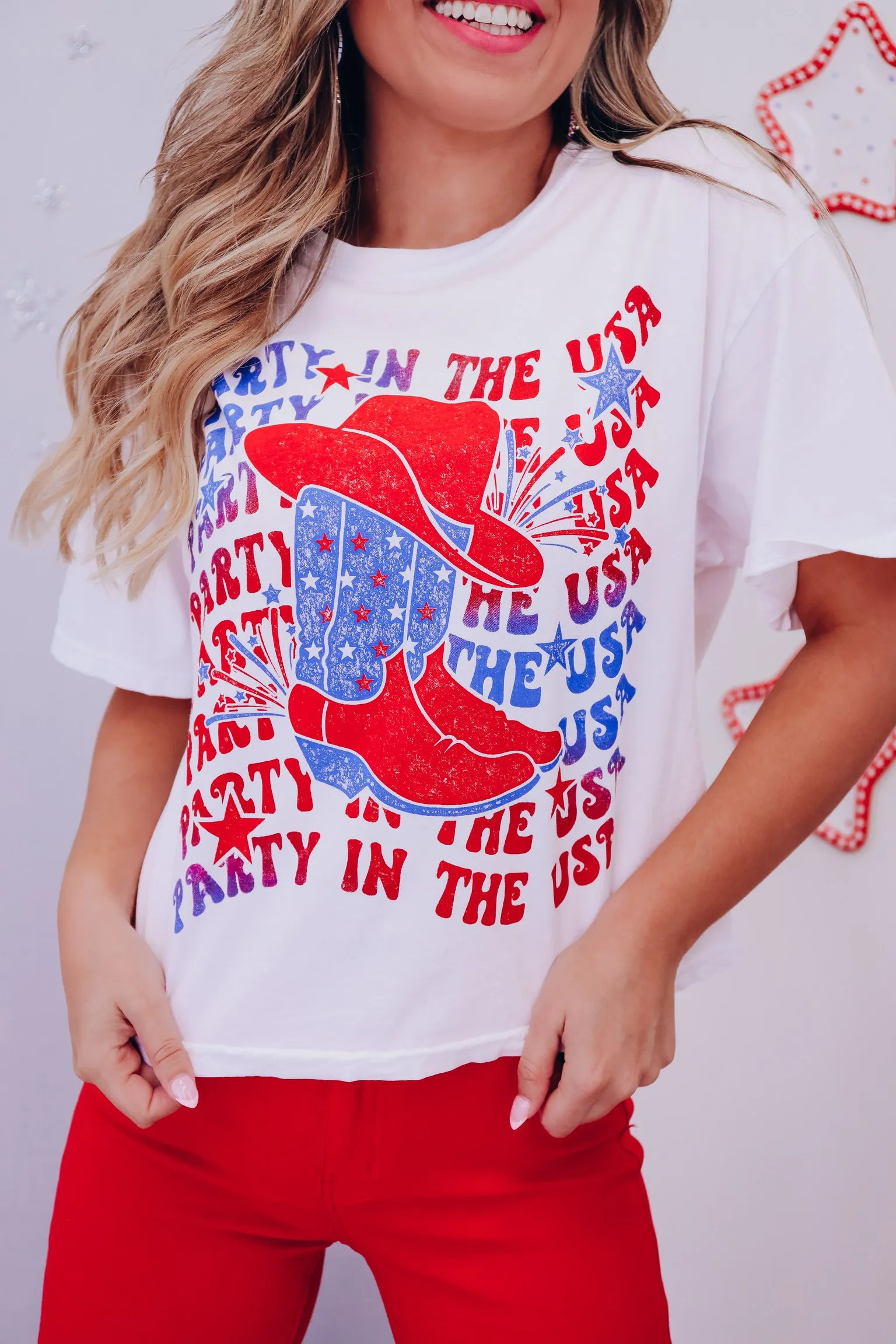 Party In The USA Cropped Graphic Tee - White