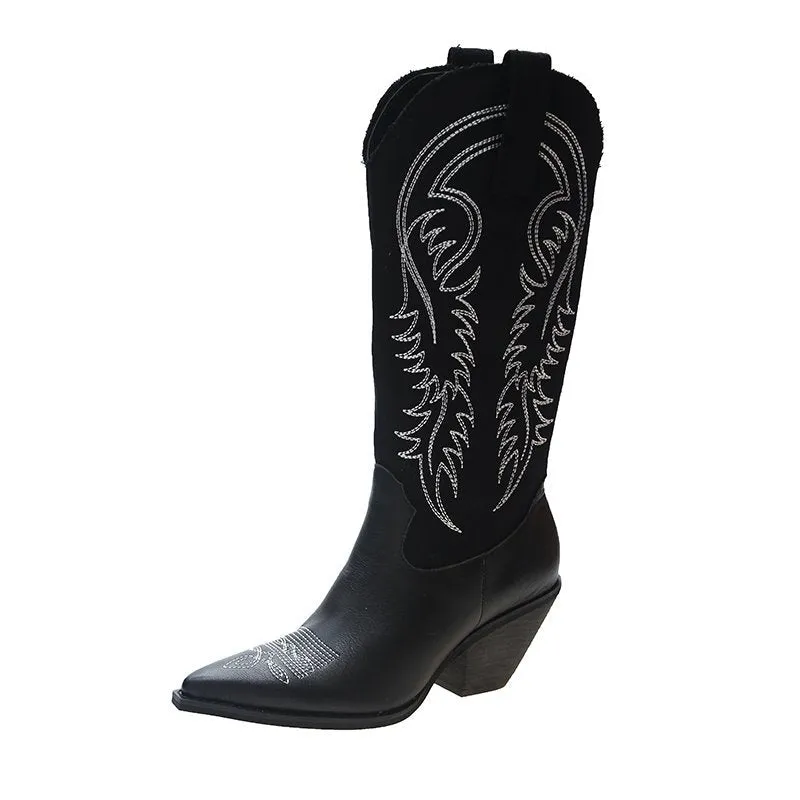 Purpdrank - Women Cowboy Boots Pointed Toe Women's Shoes Embossing pu Leather Shoes Knee-High Boots Chunky Wedges shoes