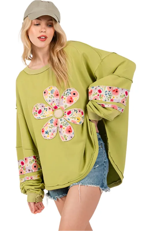 SAGE   FIG Daisy Patch Applique Long Sleeve Sweatshirt