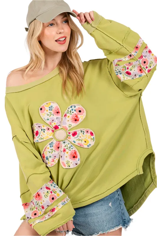 SAGE   FIG Daisy Patch Applique Long Sleeve Sweatshirt