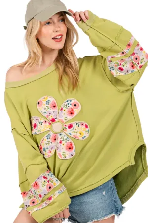 SAGE   FIG Daisy Patch Applique Long Sleeve Sweatshirt