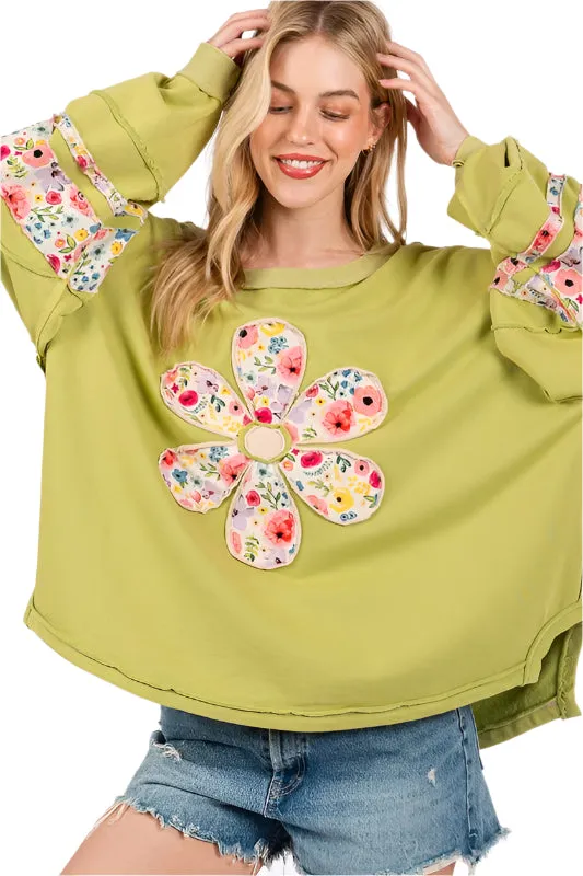 SAGE   FIG Daisy Patch Applique Long Sleeve Sweatshirt
