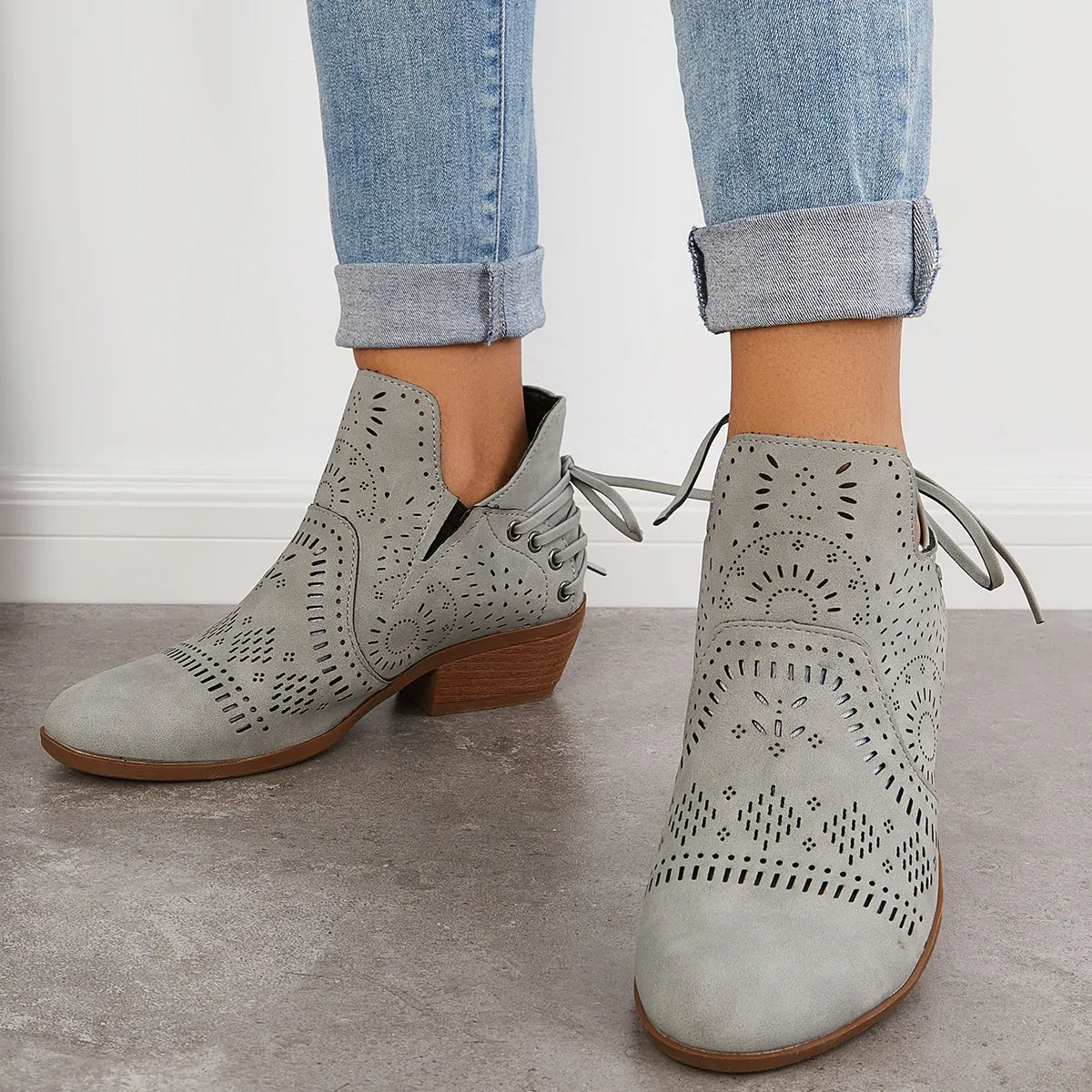Sohiwoo Women Cutout Chunky Heel Booties Western Cowboy Ankle Boots
