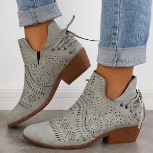 Sohiwoo Women Cutout Chunky Heel Booties Western Cowboy Ankle Boots