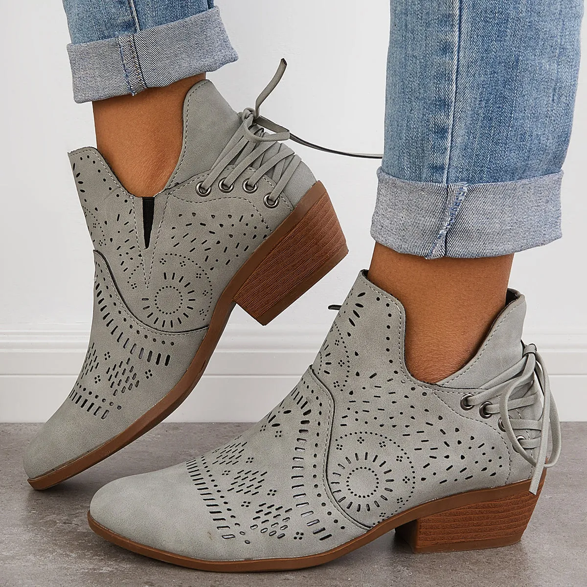 Sohiwoo Women Cutout Chunky Heel Booties Western Cowboy Ankle Boots