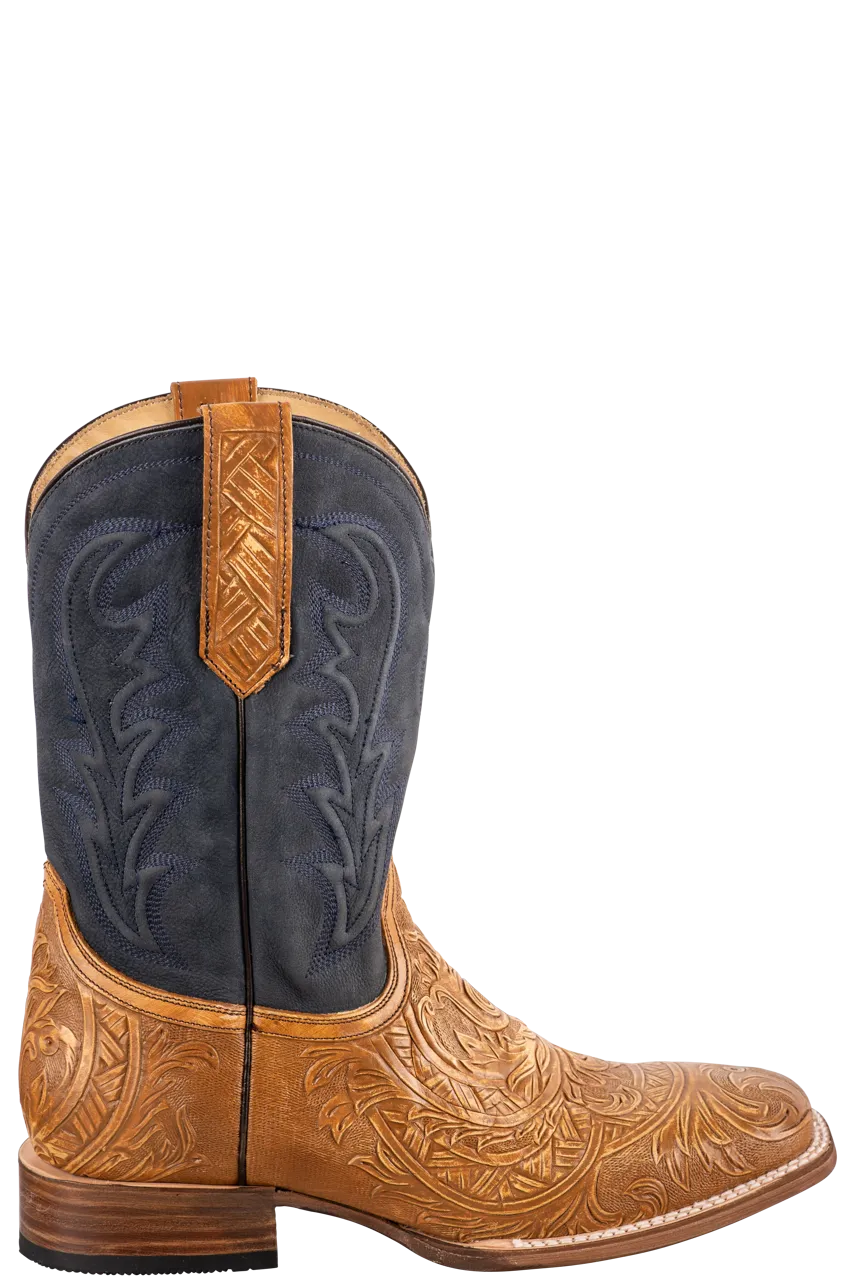 Stetson Men's Goat Handtooled Cowboy Boots - Tan & Blue