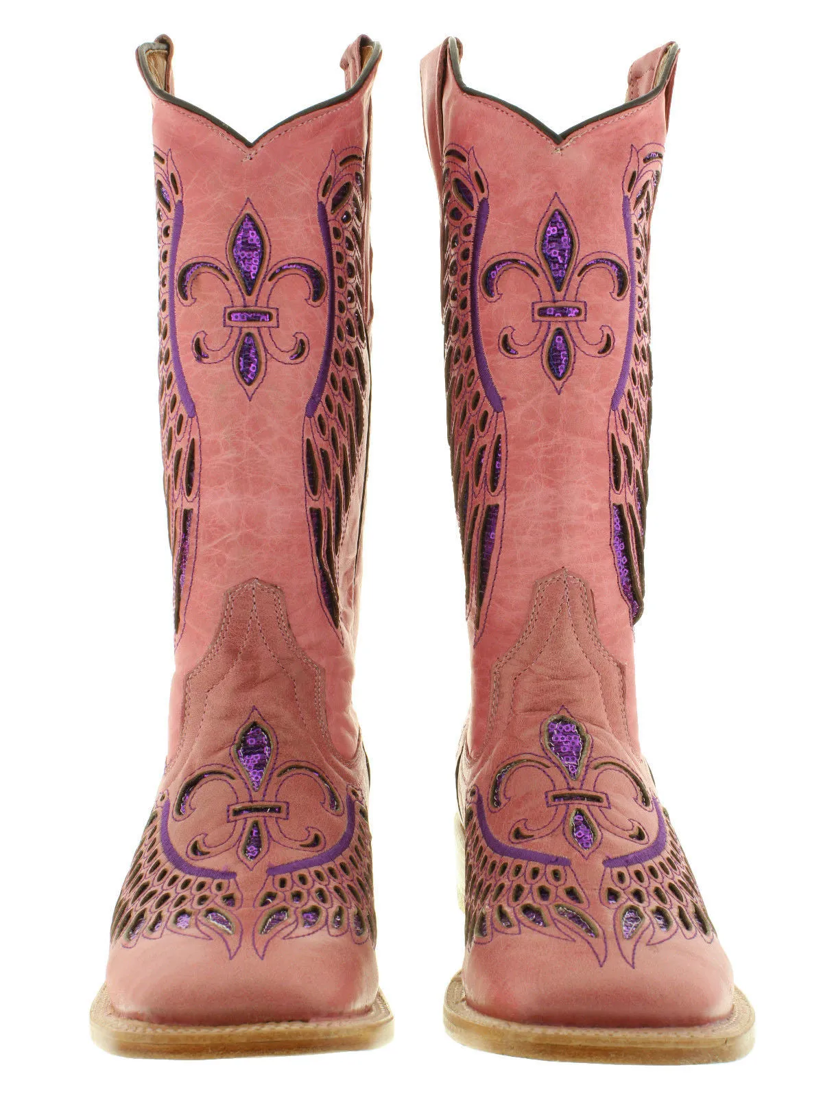 Womens Pink Cowboy Boots Fleur-De-Lis & Wings Purple Sequins - Snip Toe