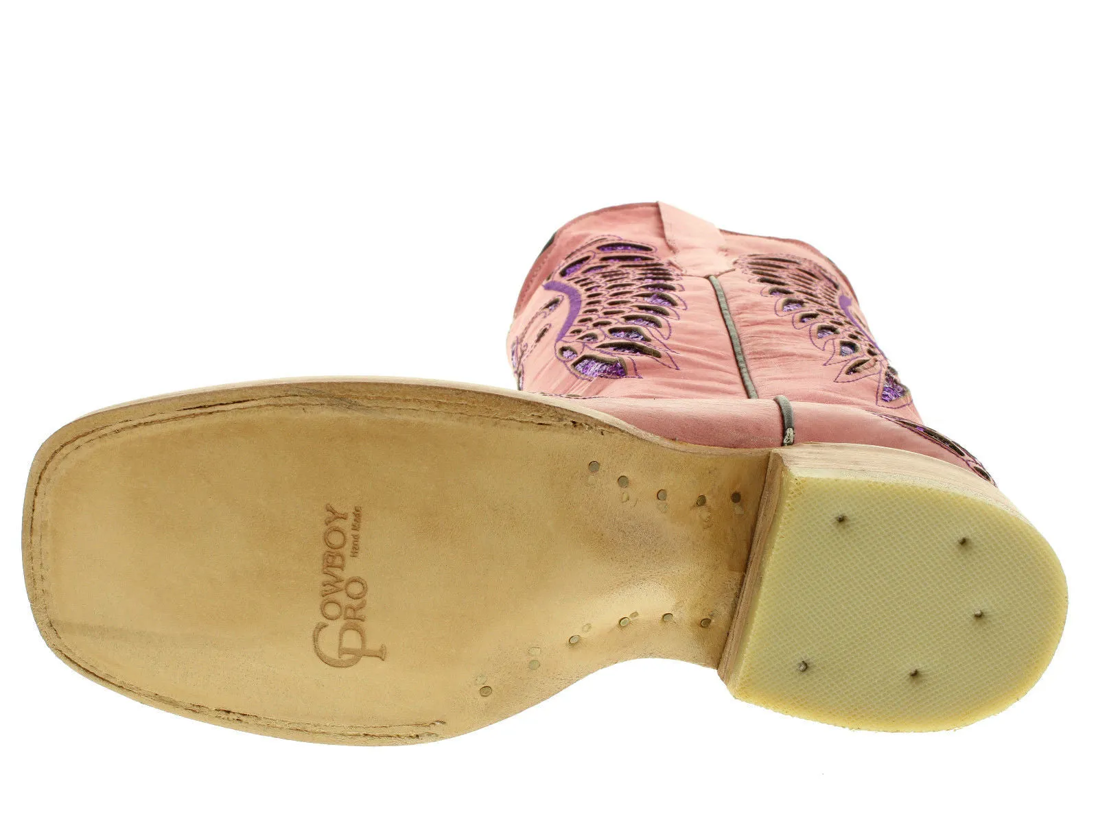 Womens Pink Cowboy Boots Fleur-De-Lis & Wings Purple Sequins - Snip Toe