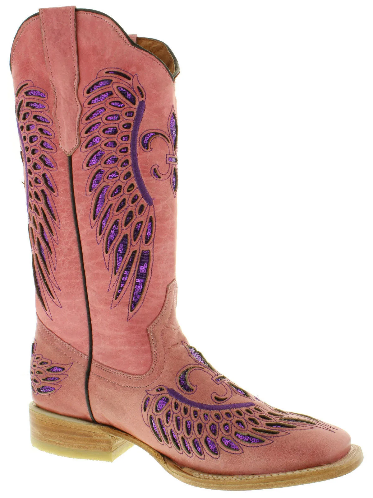 Womens Pink Cowboy Boots Fleur-De-Lis & Wings Purple Sequins - Snip Toe