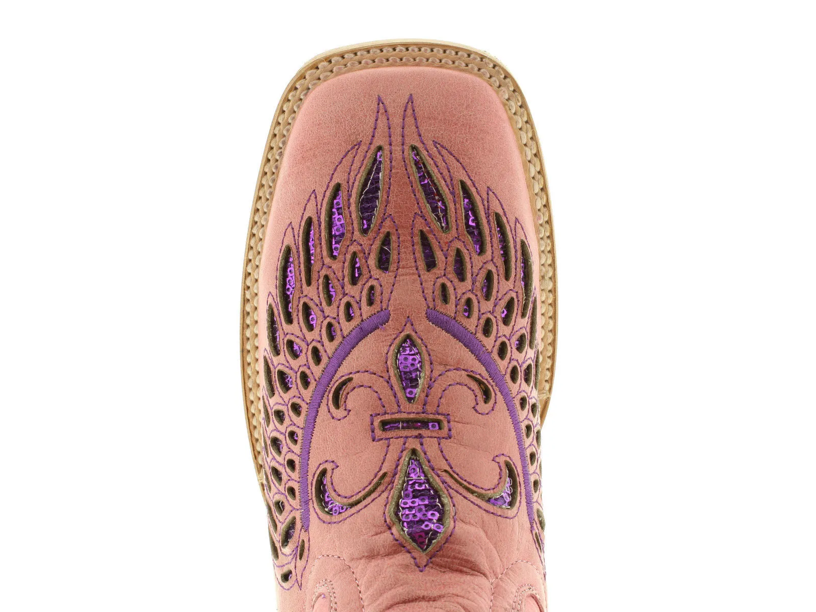 Womens Pink Cowboy Boots Fleur-De-Lis & Wings Purple Sequins - Snip Toe