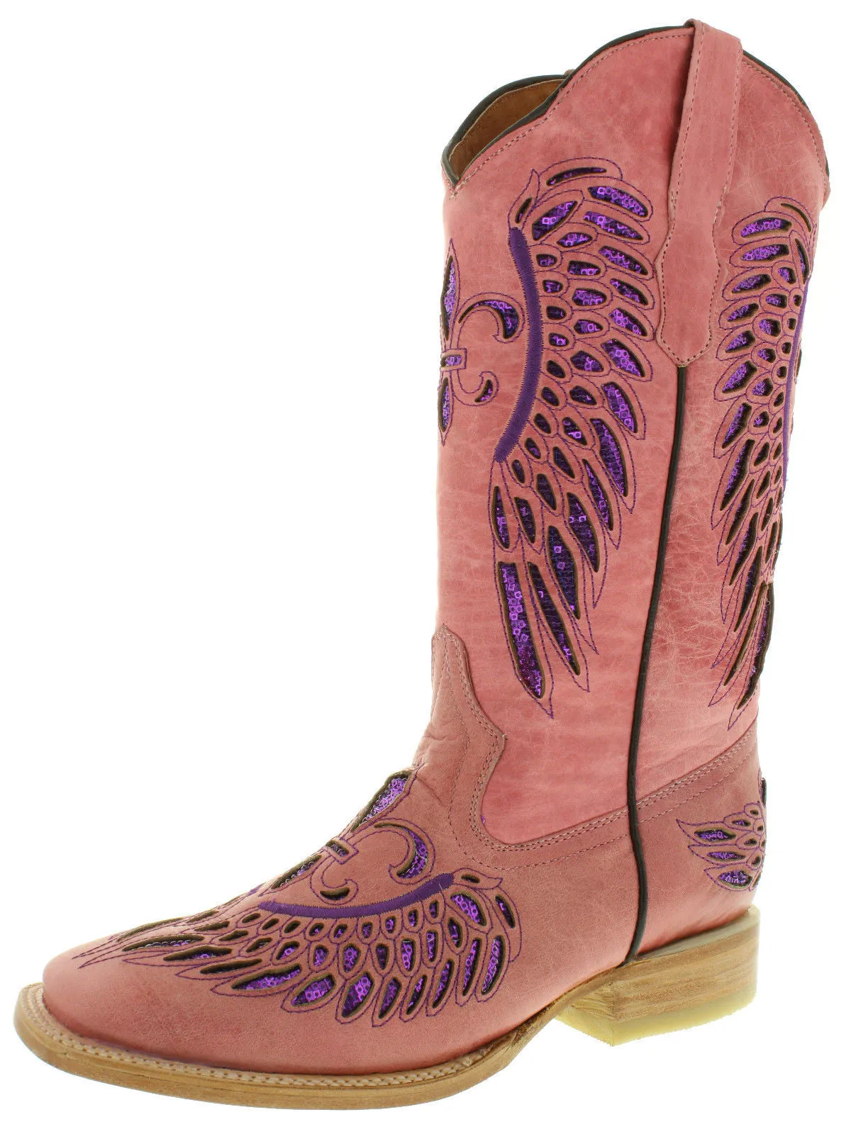 Womens Pink Cowboy Boots Fleur-De-Lis & Wings Purple Sequins - Snip Toe