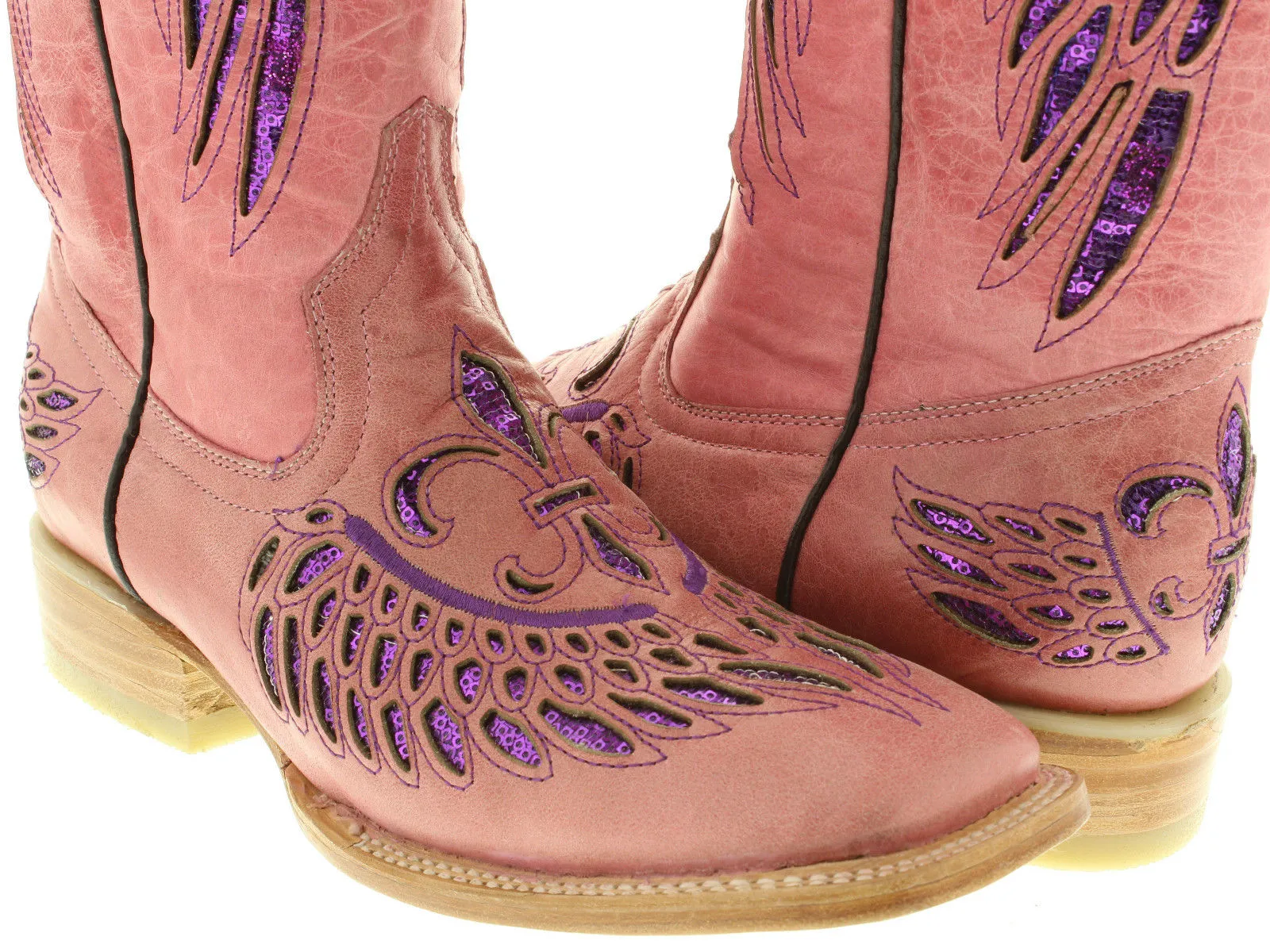 Womens Pink Cowboy Boots Fleur-De-Lis & Wings Purple Sequins - Snip Toe